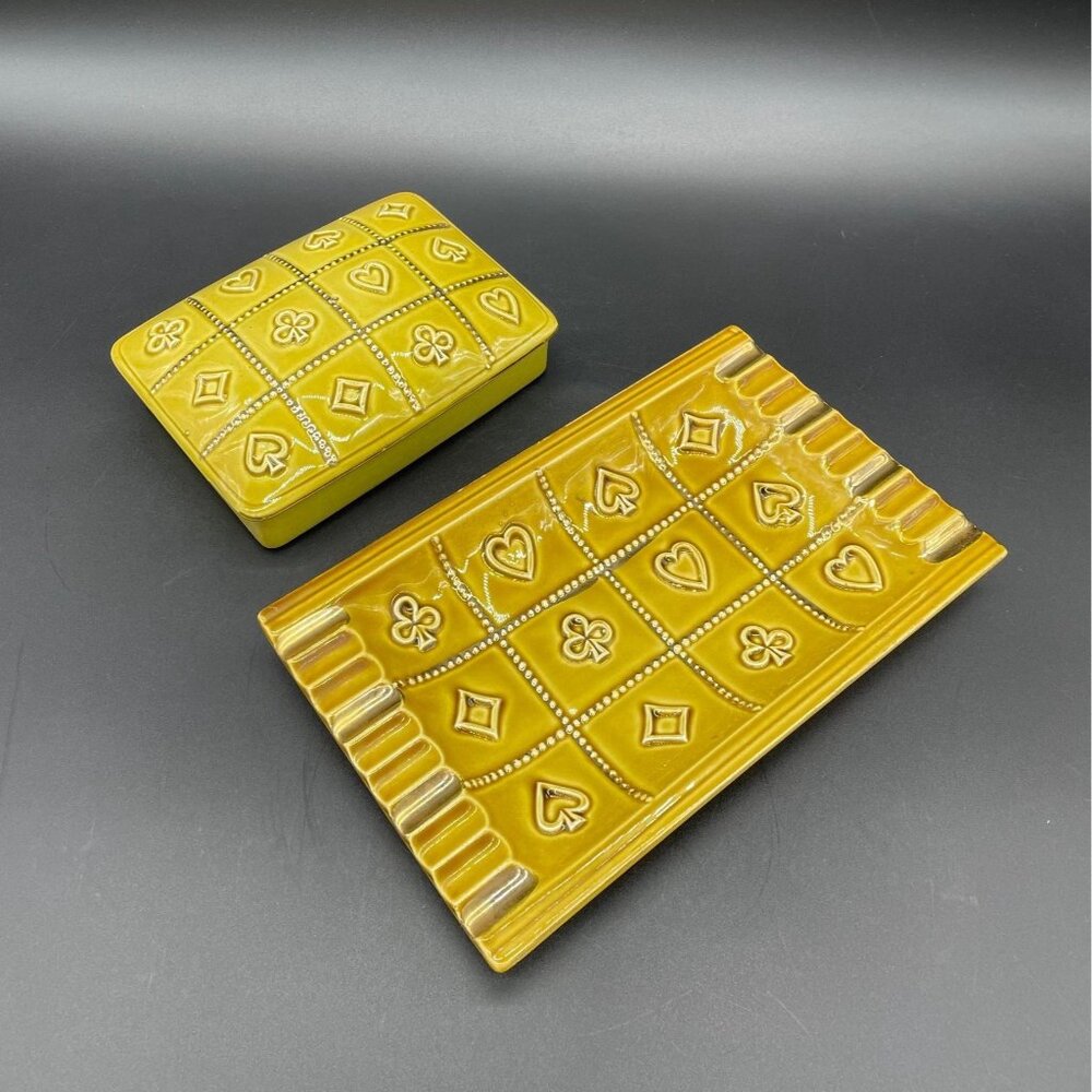 Vintage Cigarette Box Ashtray Set Mid Century Ceramic Card Suits Yellow Gold 60s